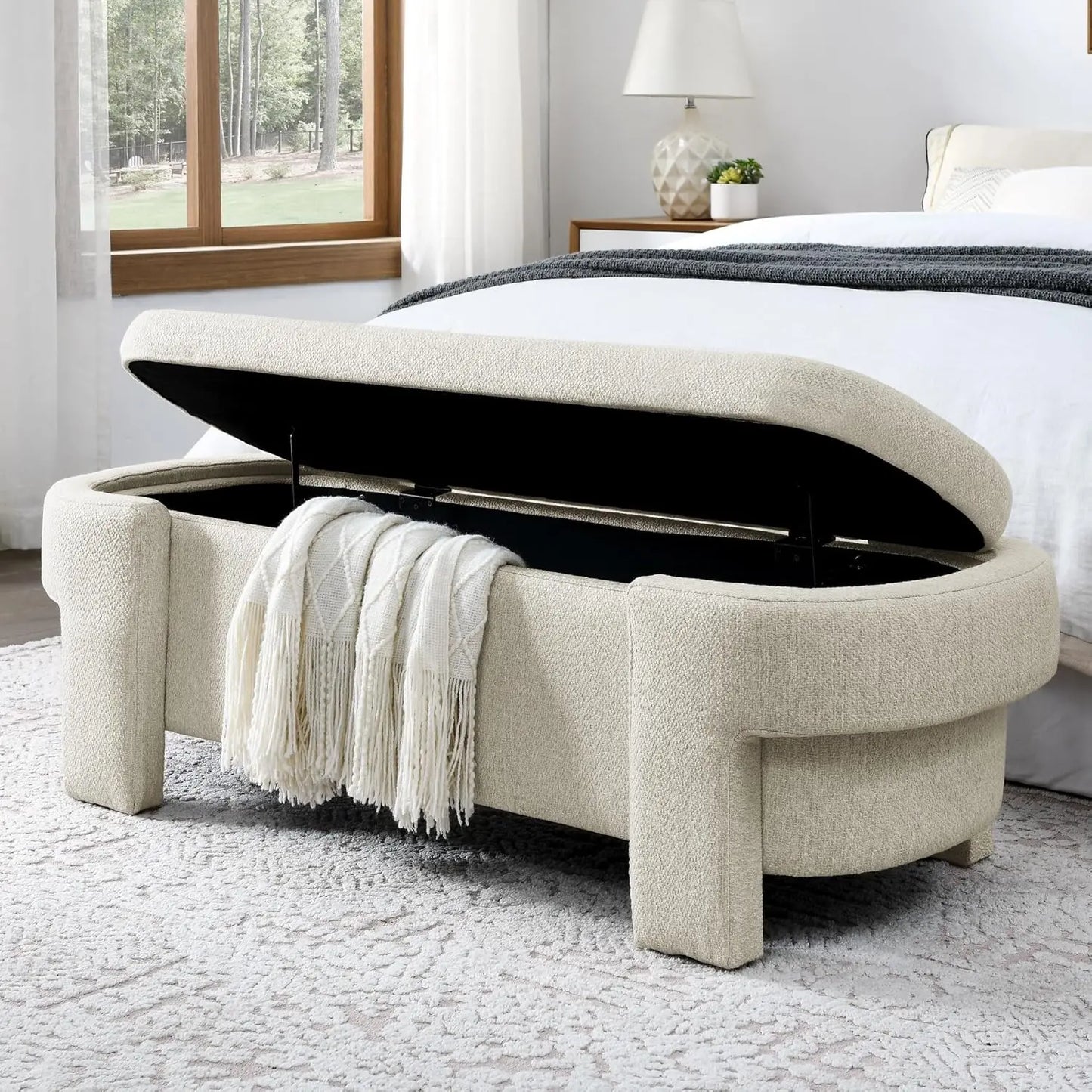 Oval Storage Bench With Linen Upholstery And Large Storage
