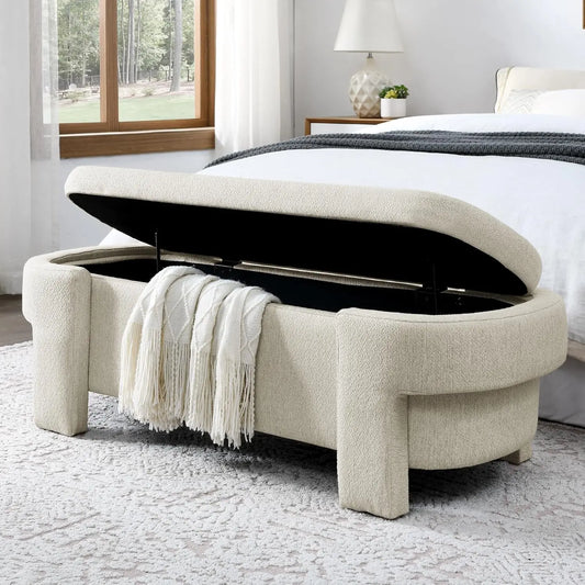 Oval Storage Bench With Linen Upholstery And Large Storage