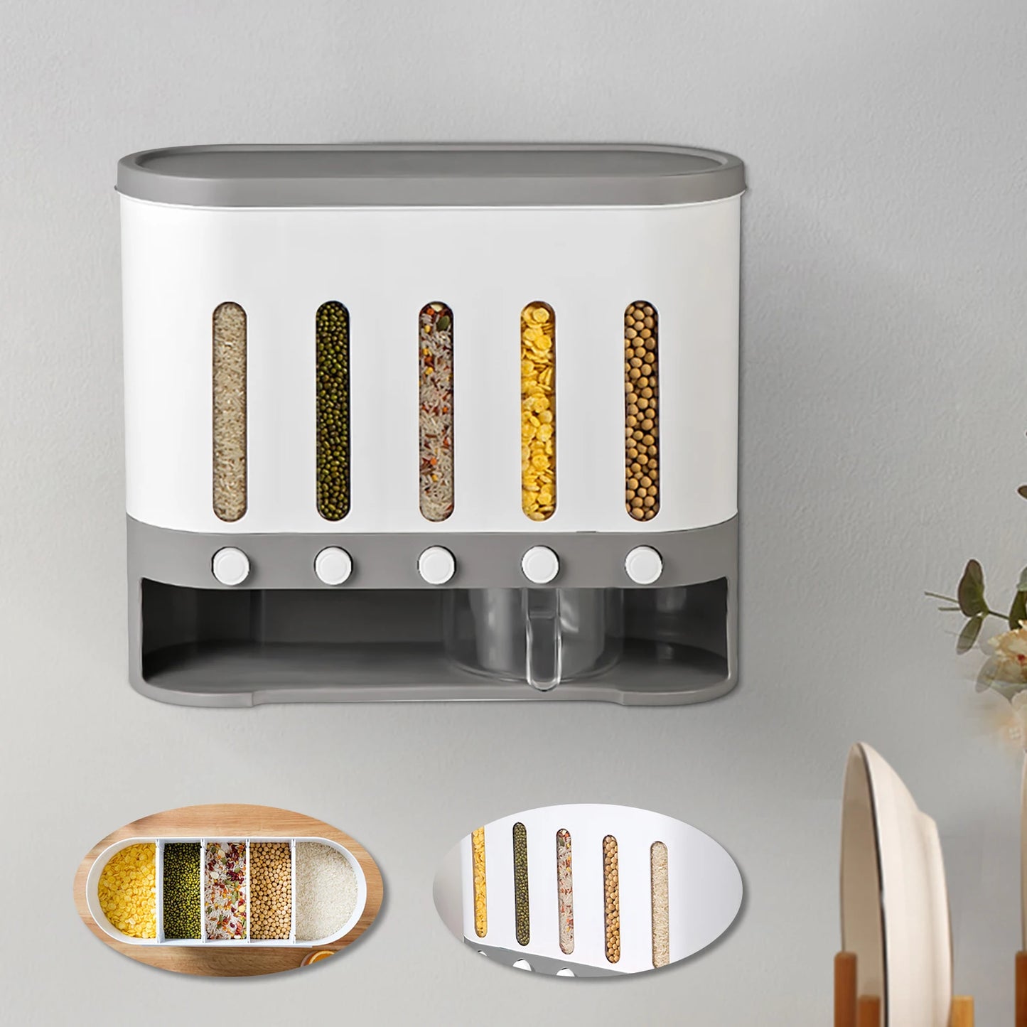 Bymaocar 5 Grid Wall Mounted Cereal and Dry Food Dispenser with Measuring Cup For An Organized Pantry