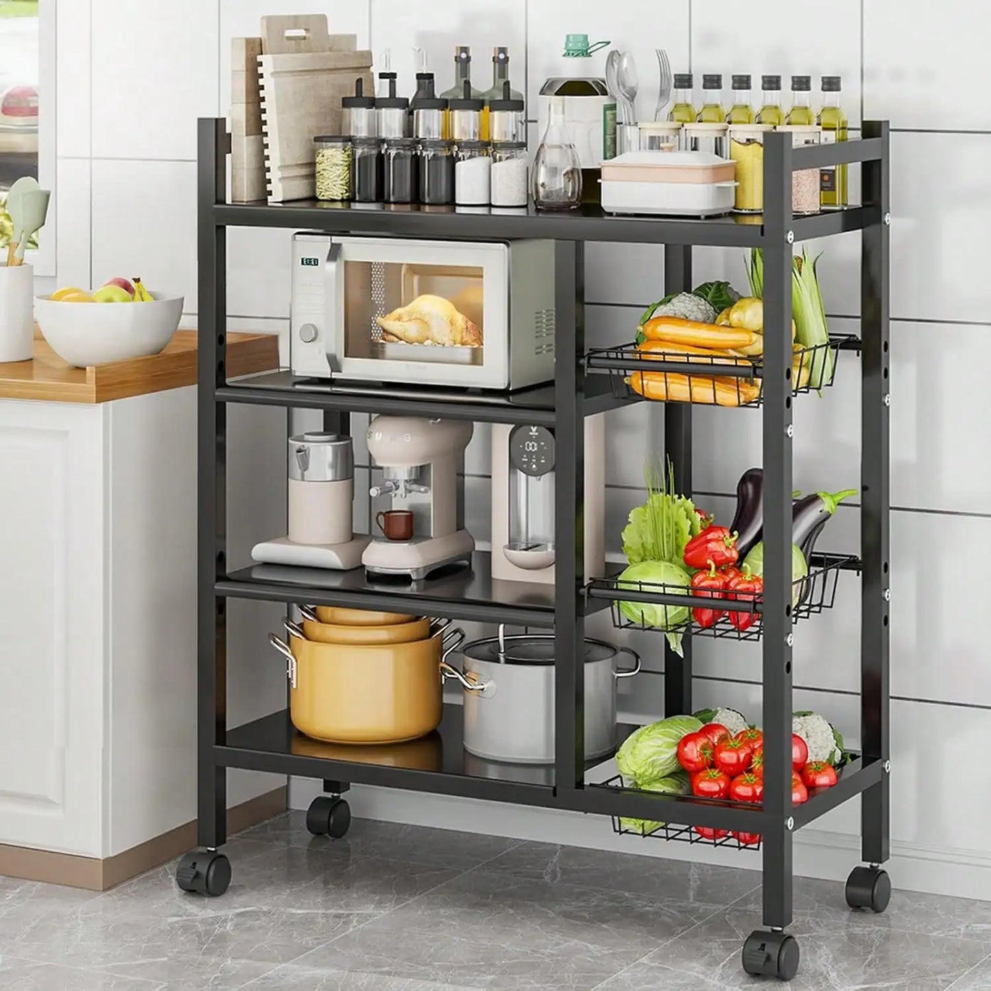 4-Tier Mobile Metal Storage Rack With Wheels And Baskets
