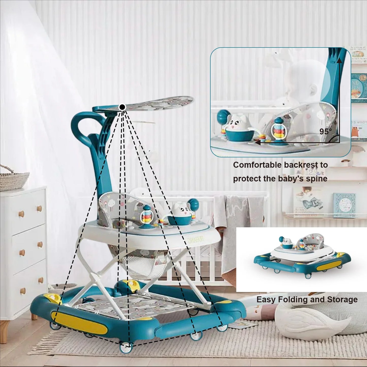 6 in 1 Baby Walker with Music,Lights,Spinning Wheels,Toy Rack,Pusher,Dining Tray For 7 Months Plus Kids Push Walker Antirollover