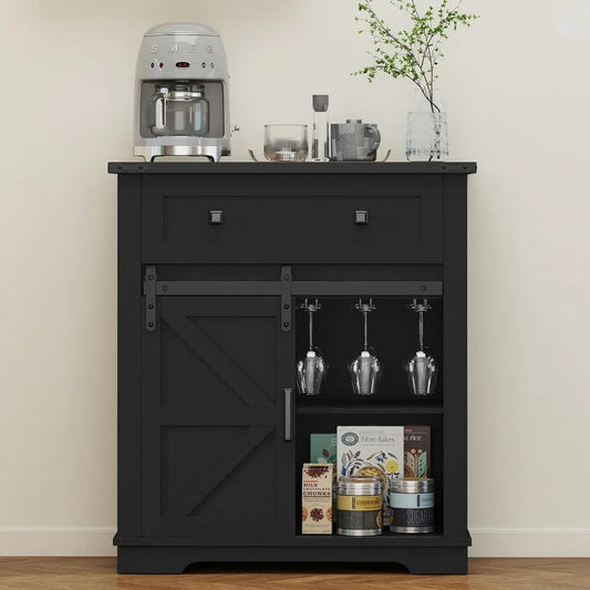 Farmhouse Coffee Bar Cabinet With Sliding Barn Door And Storage