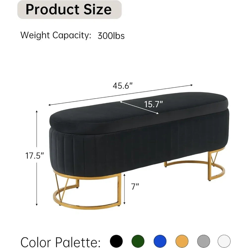 HUANZHUANG Velvet Oval Upholstered Storage Bench With Gold Legs