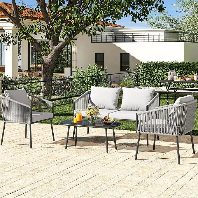 4 Piece Patio Furniture Wicker Outdoor Bistro Set All Weather Rattan Conversation Loveseat Chairs For Backyard Balcony