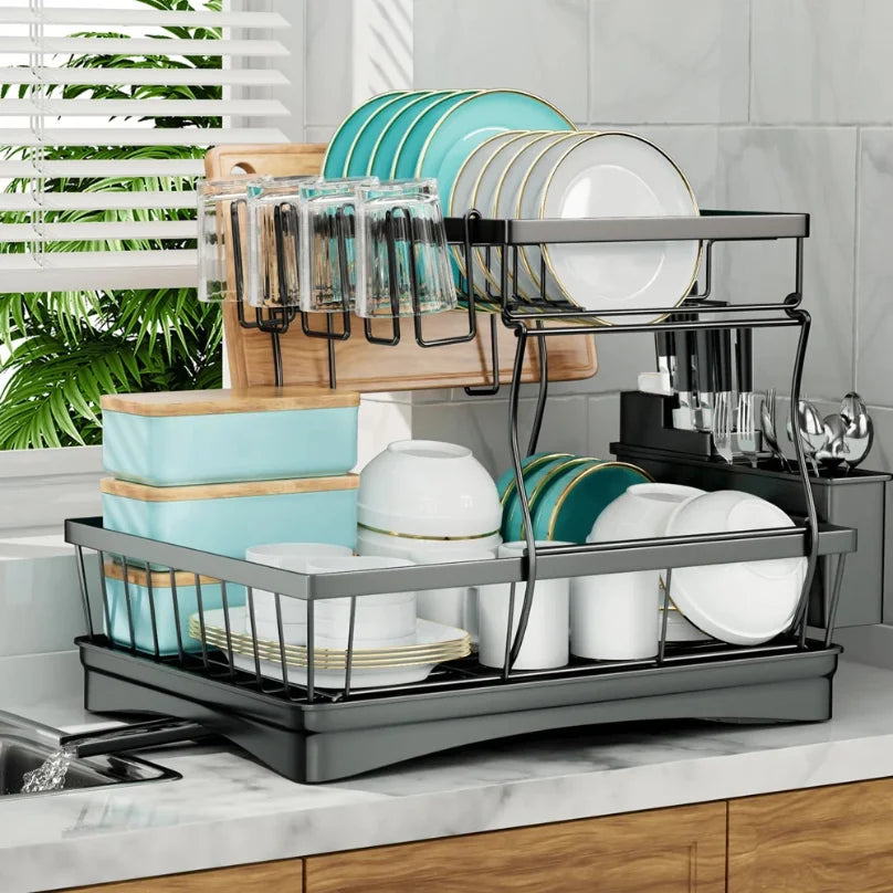 ATMDOG 2 Tier Dish Drying Rack Kitchen Countertop Space Saving Design Keeps Dishes Air Drying Efficiently