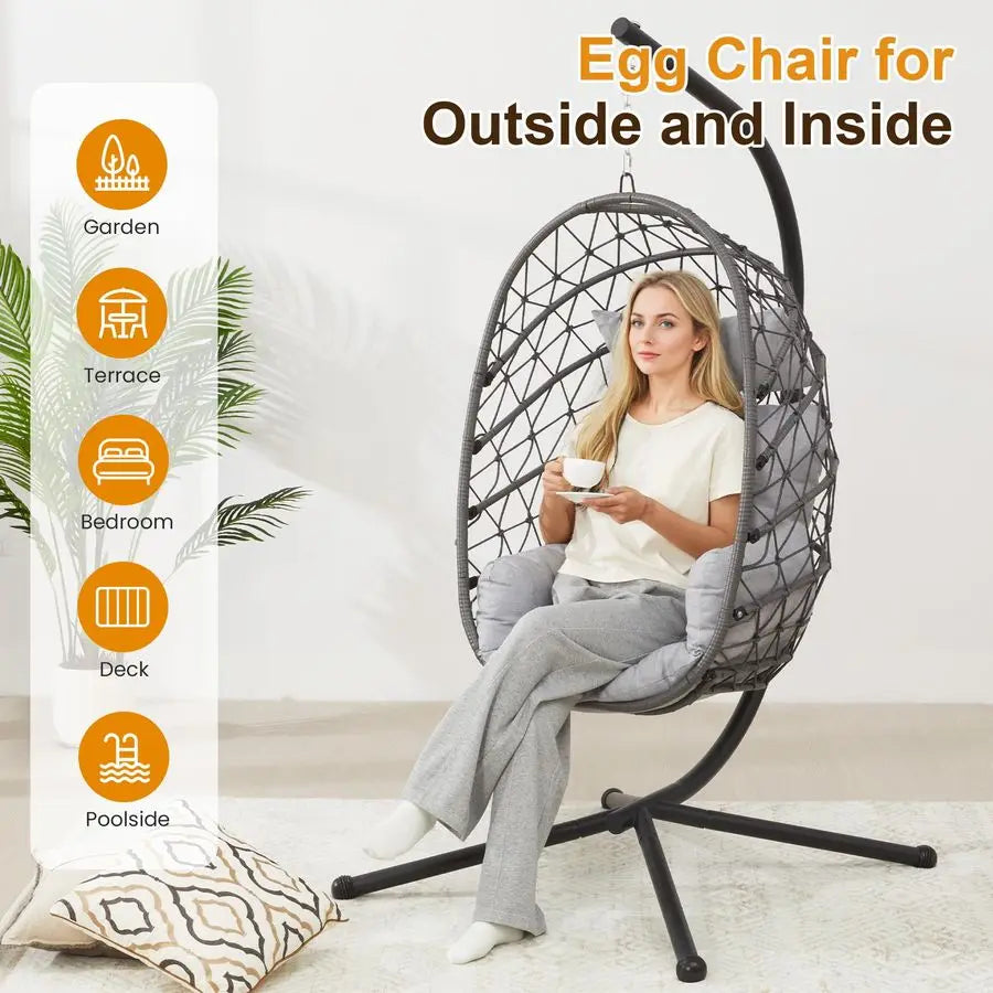 Egg Chair Outdoor Swing Chair with Stand, Hammock Chair Indoor, Patio Boho Wicker Hanging Chair with Stand 350lbs Capacity for G