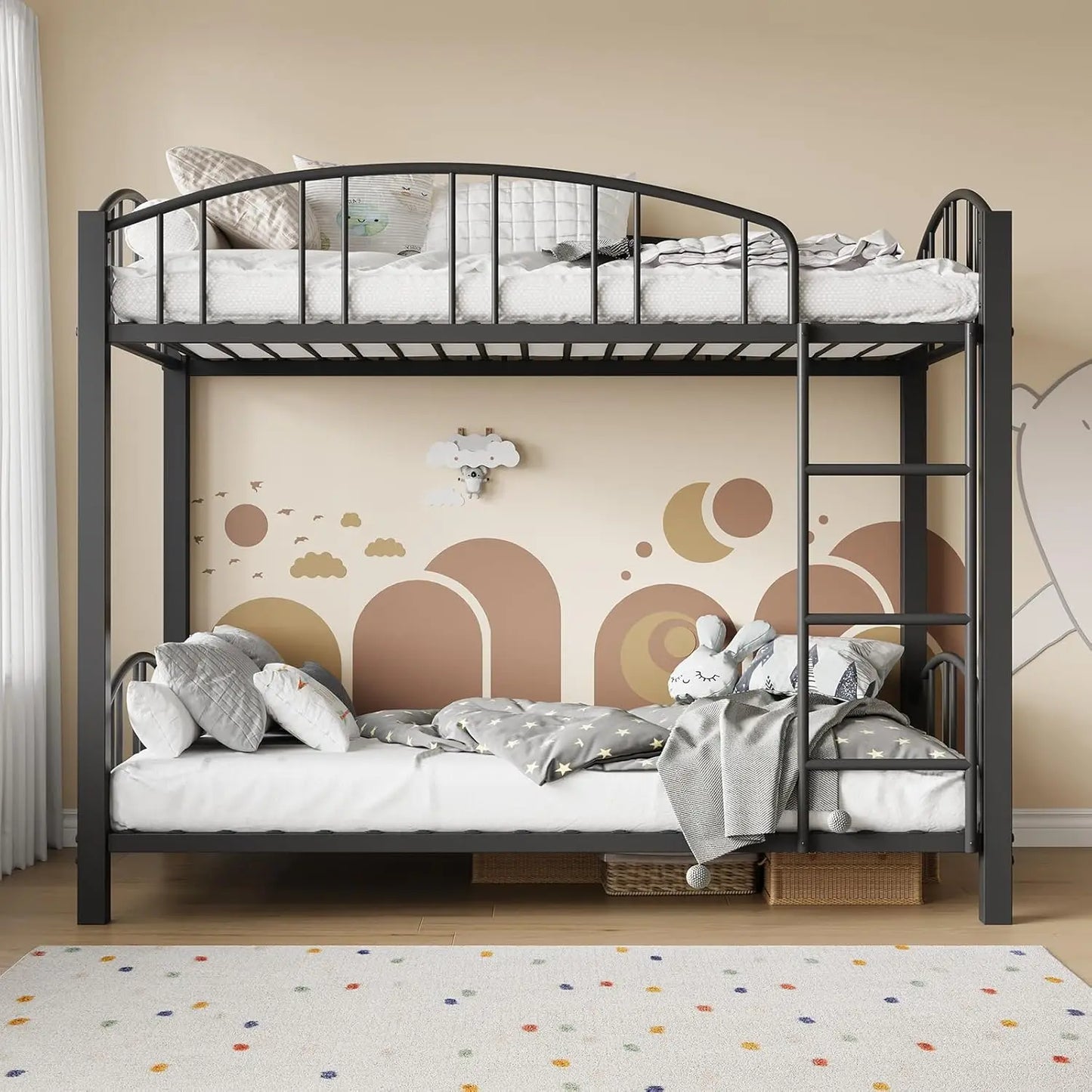 Metal Bunk Bed Twin Over Twin with Stairs and Arched Guardrail Space Saving Ideal for Girls and Boys Room and Dorm, Black