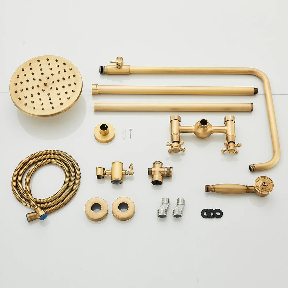 Antique Brass Shower Faucets Set Wall Mount Retro Shower Kit Dual Knobs Mixer Tap Handheld Spray Bathtub Kit