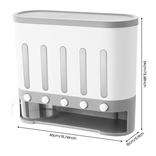Bymaocar 5 Grid Wall Mounted Cereal and Dry Food Dispenser with Measuring Cup For An Organized Pantry