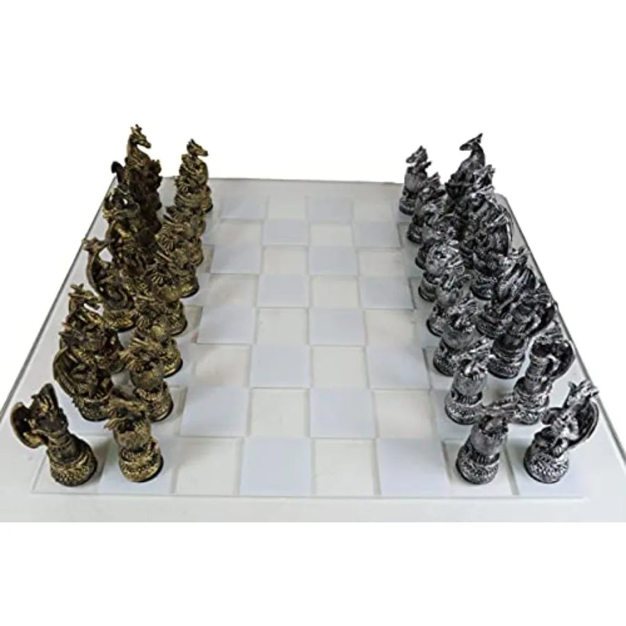 Ebros Mythical Medieval Fantasy Silver and Gold Colored Dragon Old World Kingdoms Resin Chess Pieces with Frosted Glass Board S