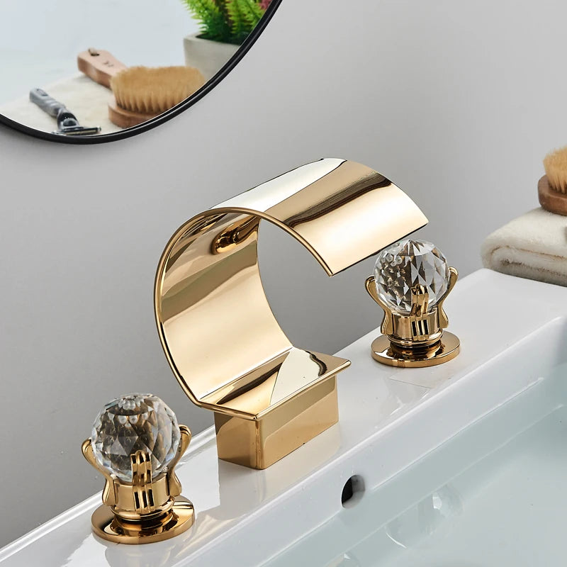 Shinesia Luxury Golden Vessel Sink Faucet With Dual Cristal Handles