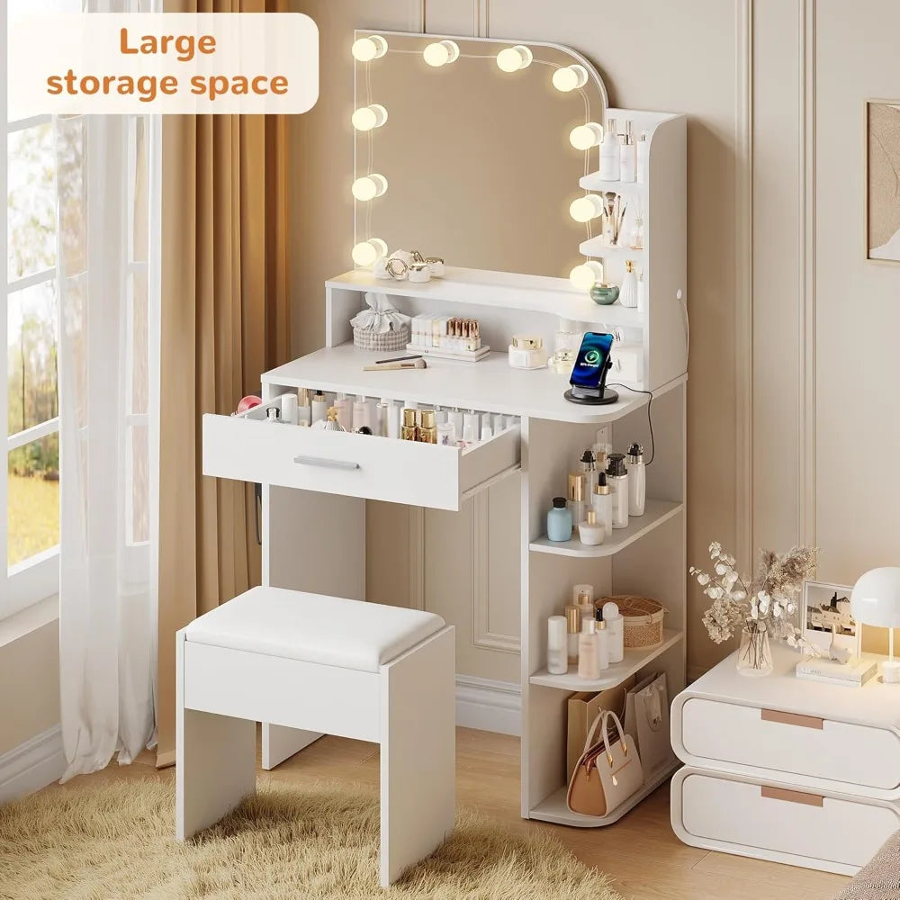Compact Makeup Vanity Desk With Mirror Lights And Stool