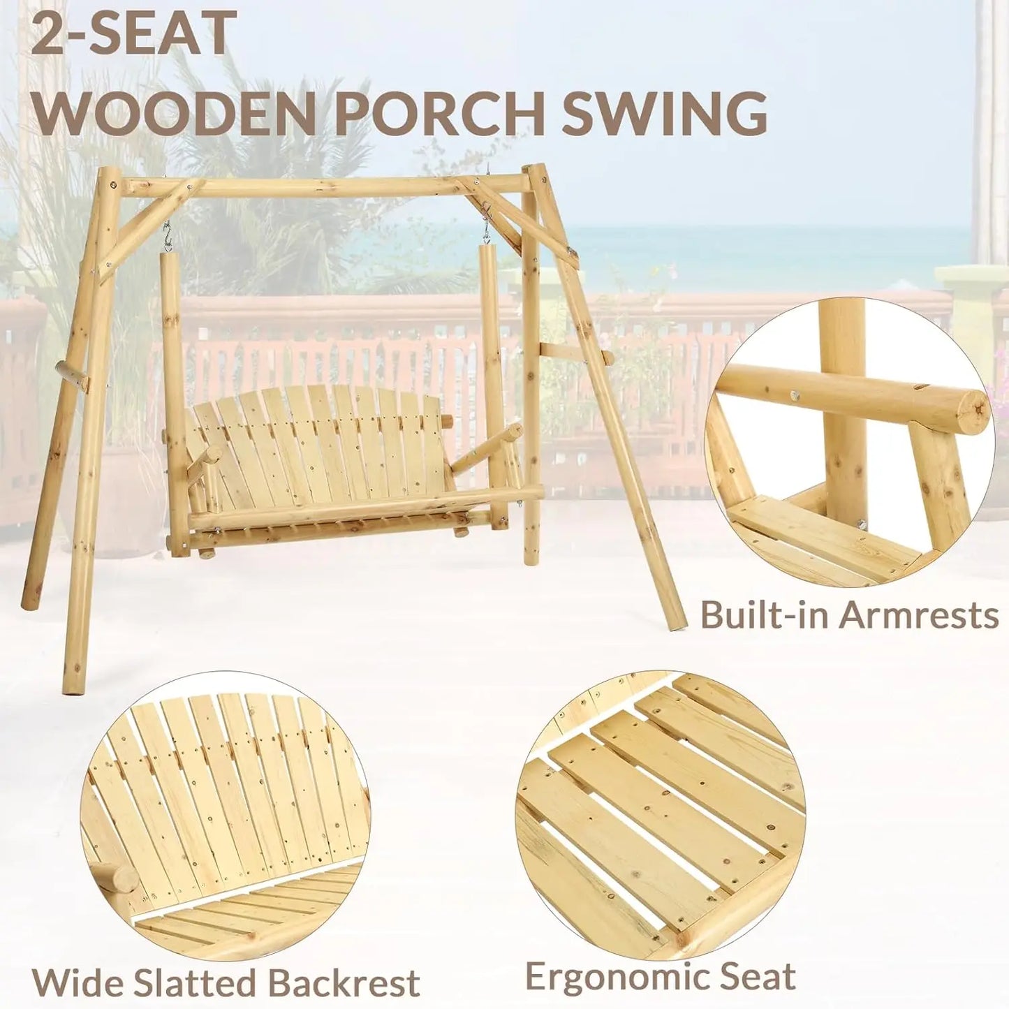 Wooden Porch Swing With Stand Rustic Hardwood Bench Natural Finish