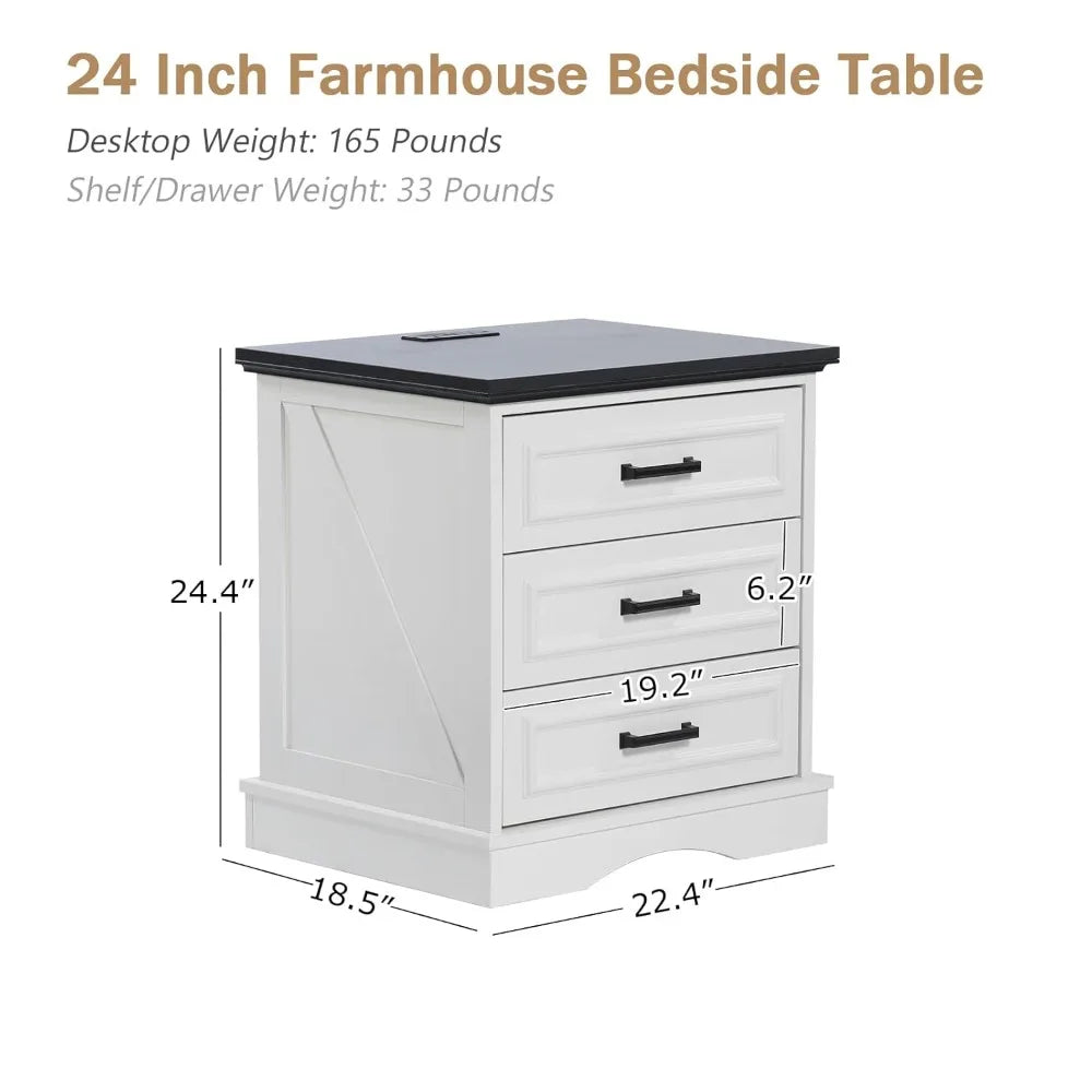 Farmhouse Night Stands Set of 2, Wood Nightstand with Charging Station, 22" Wide End Table with 3 Drawers, White, Customized