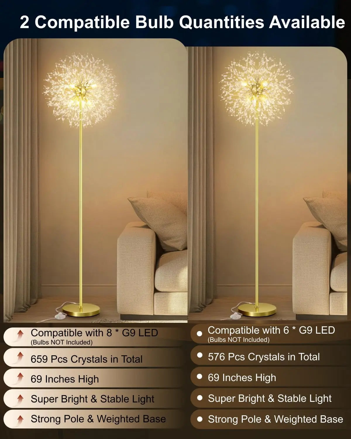 XMSJ Mid Century Crystal Floor Lamp With Foot Switch
