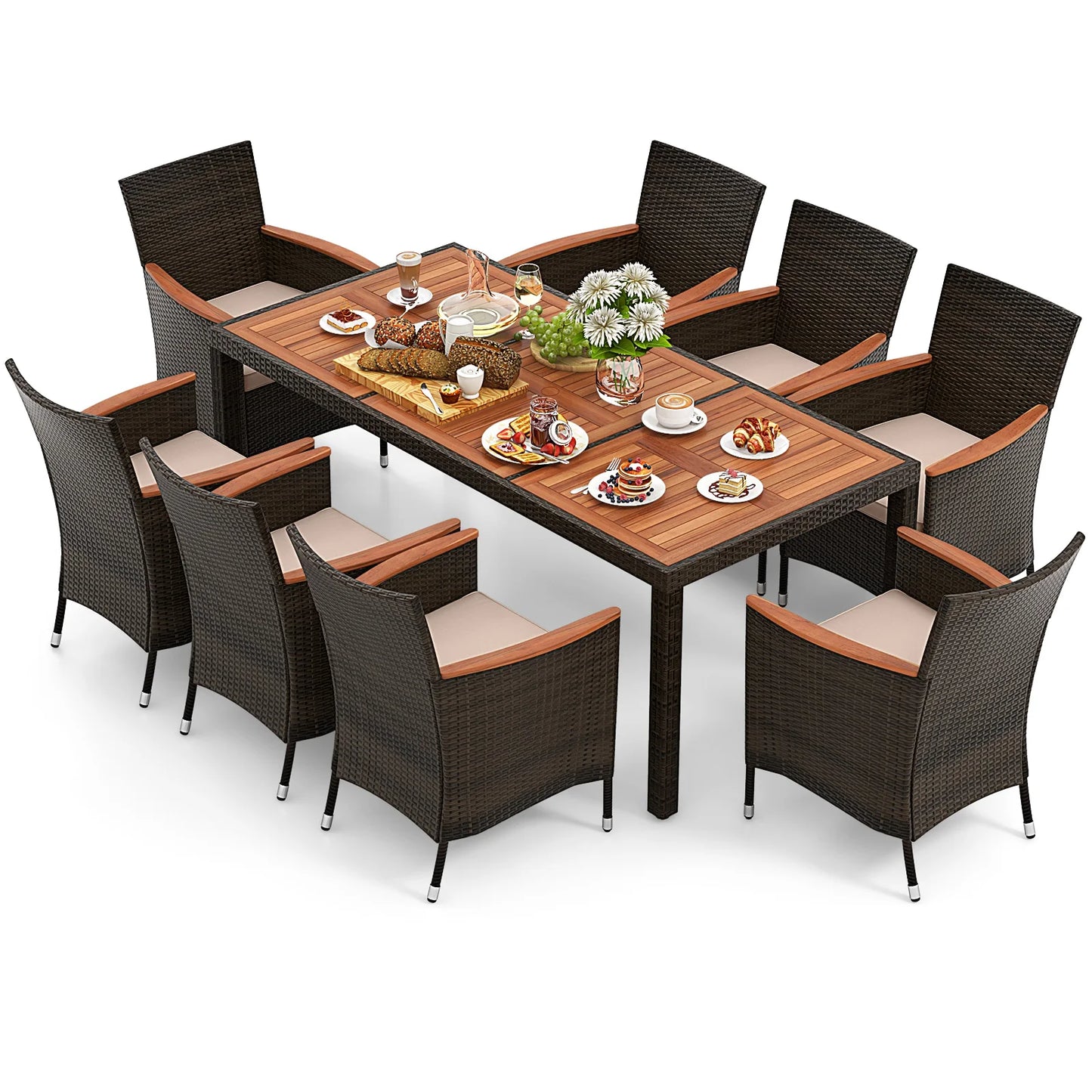 9-Piece Patio Dining Set With Wicker Chairs, Acacia Wood Table Top, Umbrella Hole And Cushions