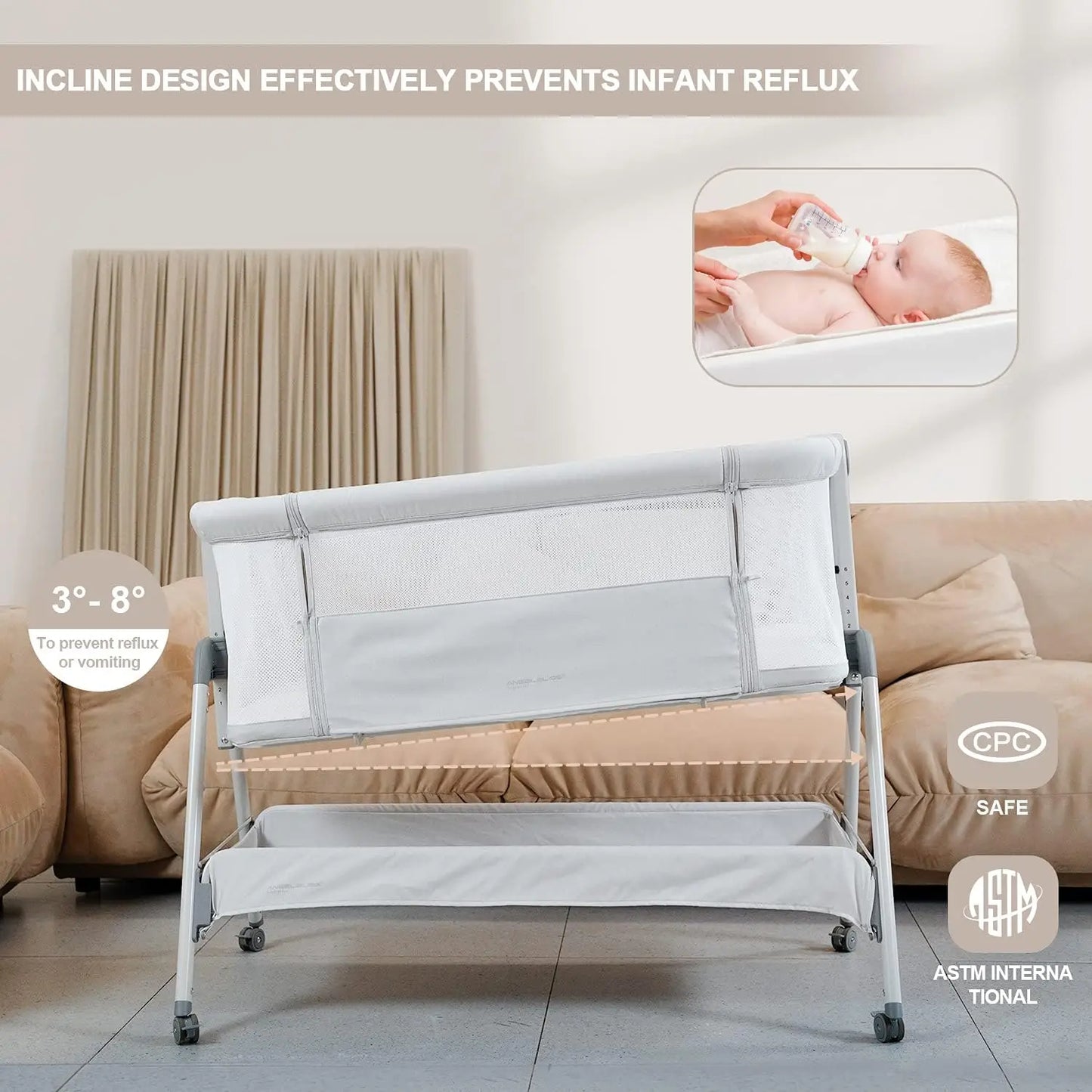 Portable Baby Bassinet with Wheels, Adjustable Height & Mattress for Newborns up to 20 lbs