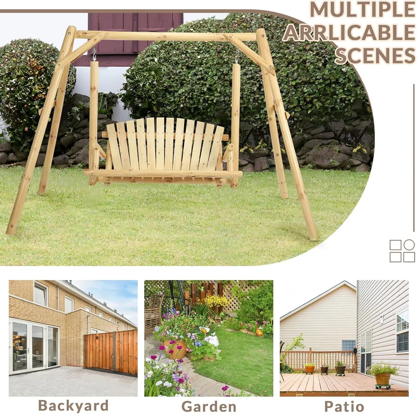 Wooden Porch Swing With Stand Rustic Hardwood Bench Natural Finish
