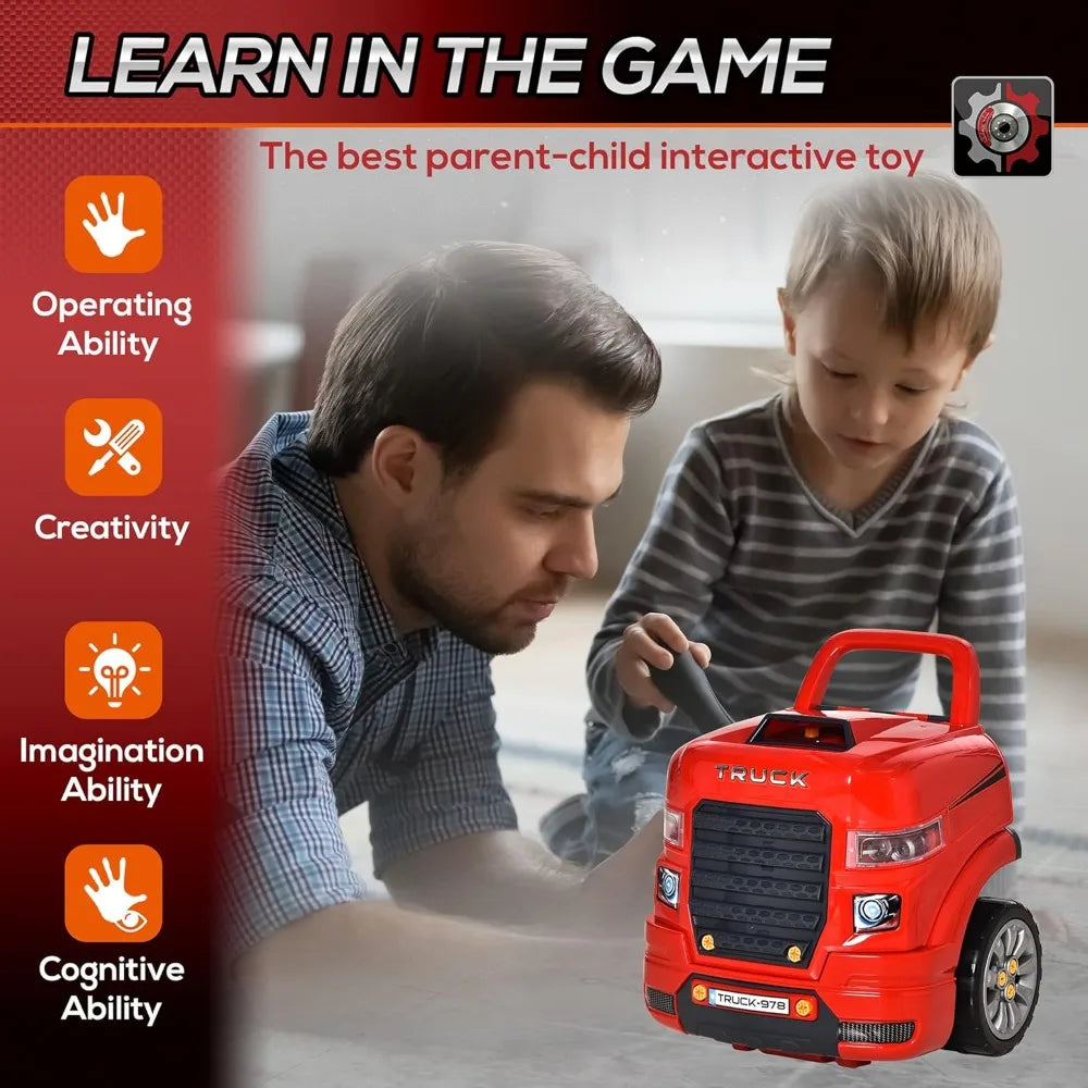 Truck Engine Toy,  Pretend Car Service Station Play with 61-Piece Included, Kids Mechanic Set with Lights,Toy Kids Aged 3+, Red