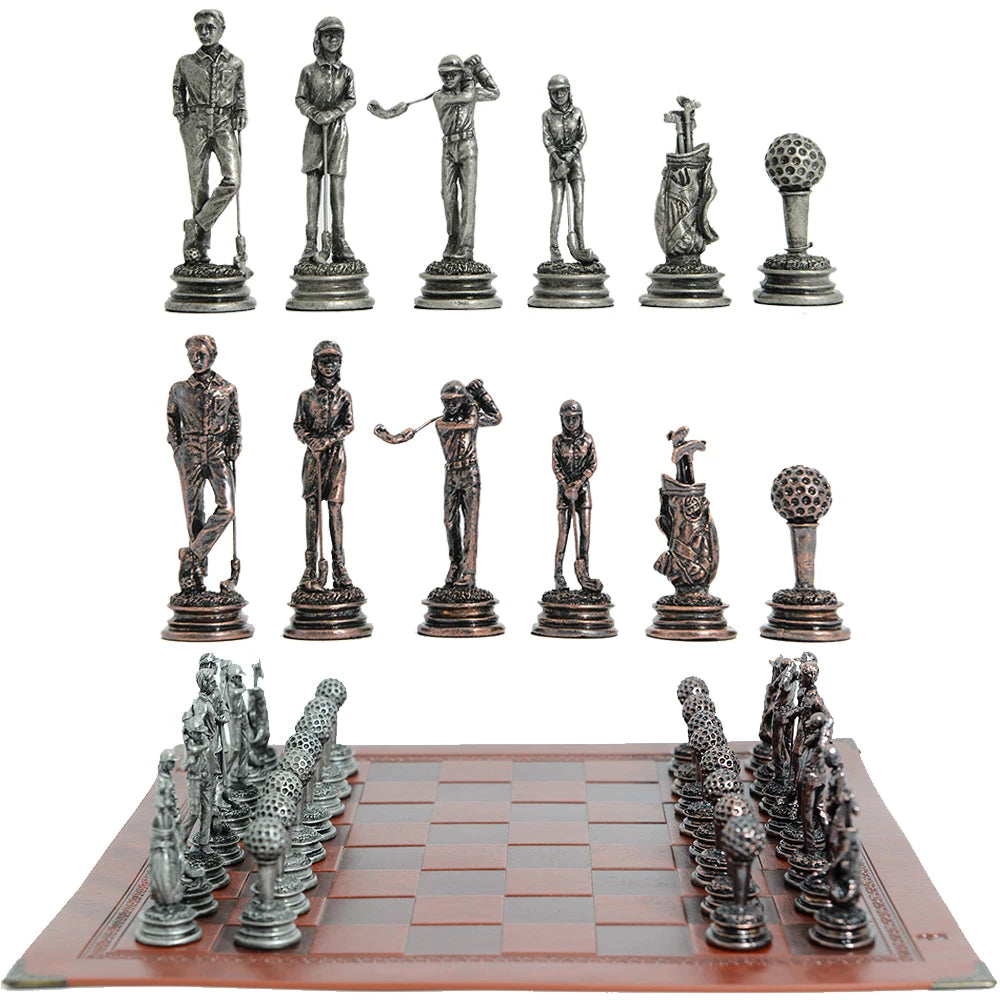 Metal Golf Theme Chess Set With Artificial Leather Chessboard