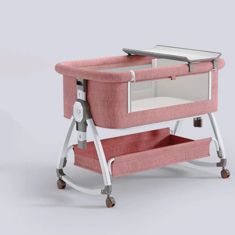 90x55cm Baby Crib Portable Splicing Cradle Bed With Wheels,Mosquito Net Foldable Height Adjustable Movable Bedside Swing Beds