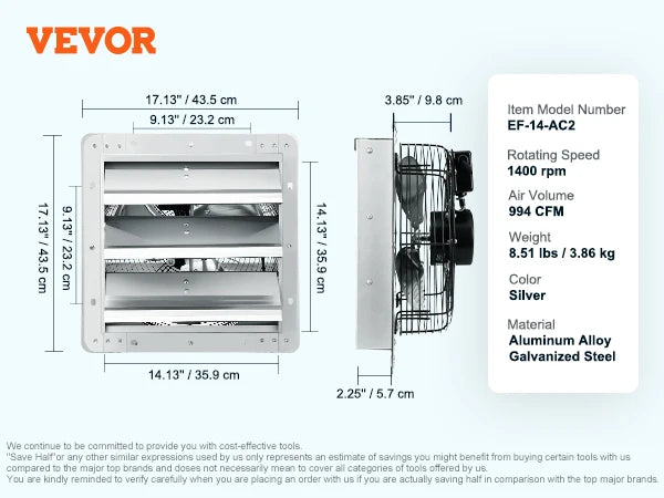 SucceBuy Shutter Exhaust Fan AC/ EC-motor 10-Speed Adjustable Wall Mount Attic Ventilation and Cooling for Greenhouses Garages