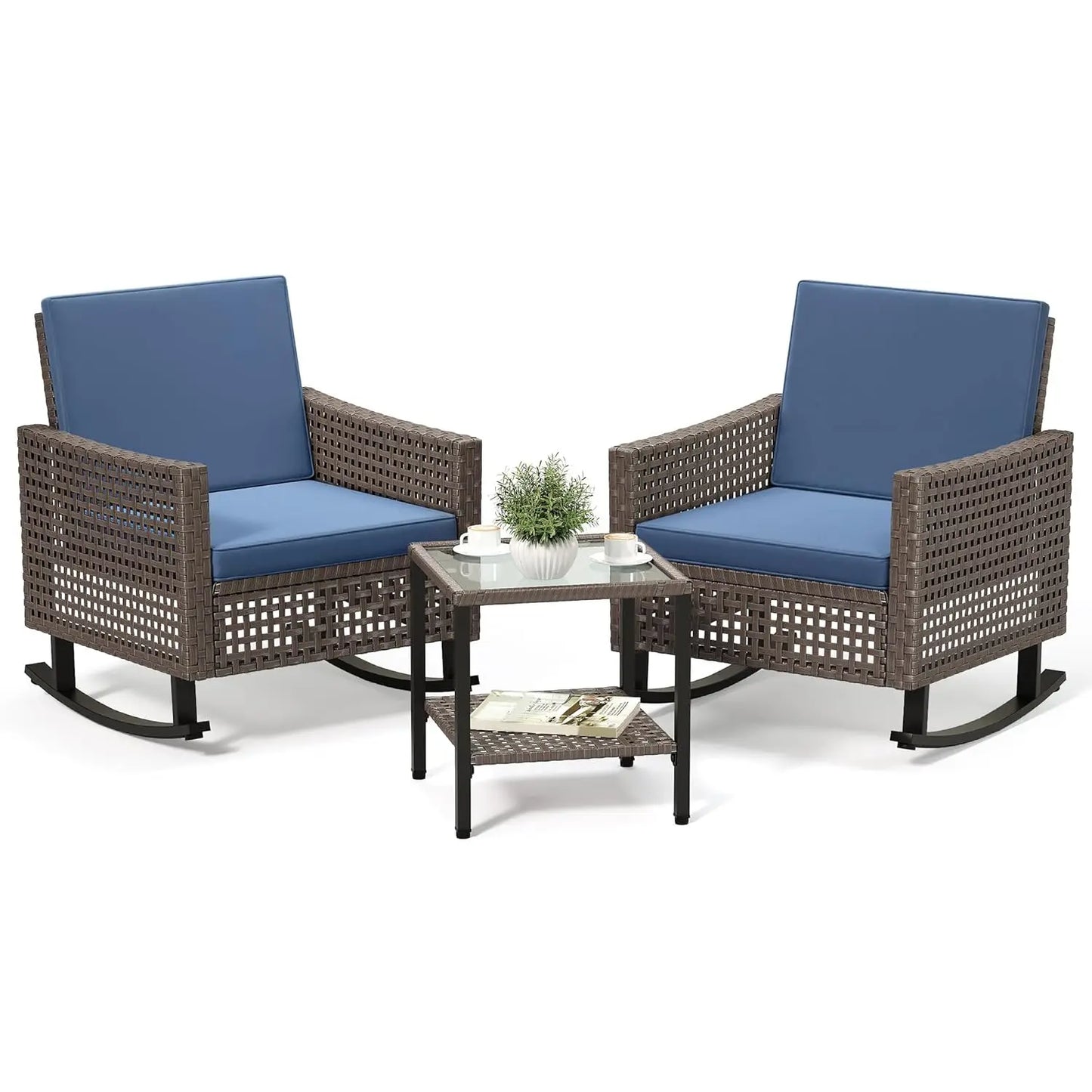 Wicker Patio Rocking Chair Set With Rattan Side Table Cushions