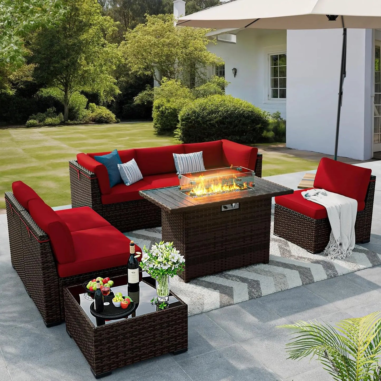 Outdoor Patio Furniture Set With Gas Fire Pit Rattan Sectionals