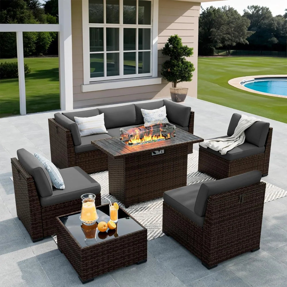Outdoor Patio Furniture Set With Gas Fire Pit Rattan Sectionals