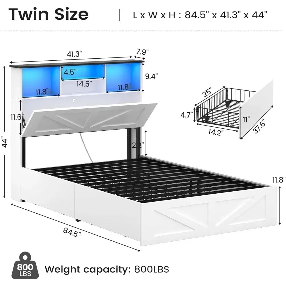Farmhouse Style Twin Bed Frame with 4 Storage Drawers And Charging Station Wooden LED Twin Bed with Hidden Storage，Customized