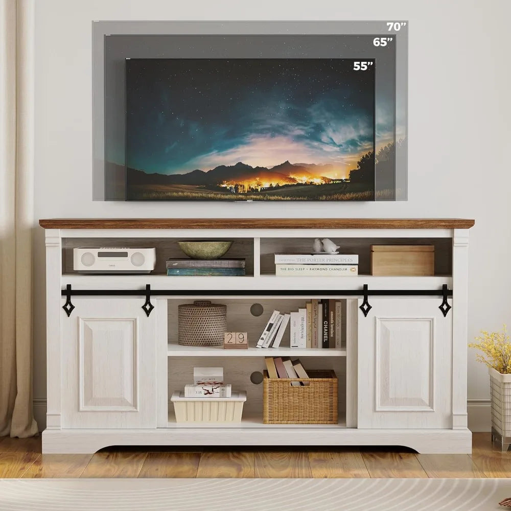 Farmhouse TV Stand With Sliding Barn Door And Storage Cabinets