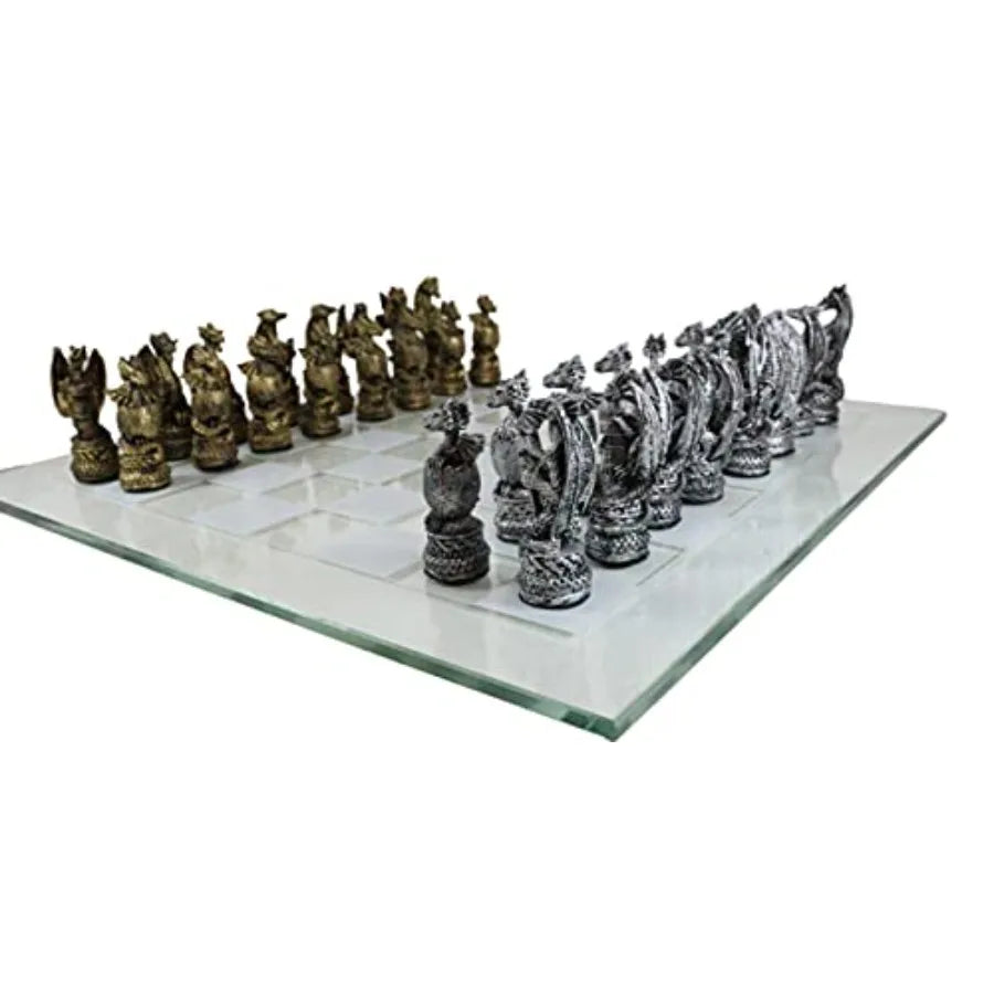 Ebros Mythical Medieval Fantasy Silver and Gold Colored Dragon Old World Kingdoms Resin Chess Pieces with Frosted Glass Board S