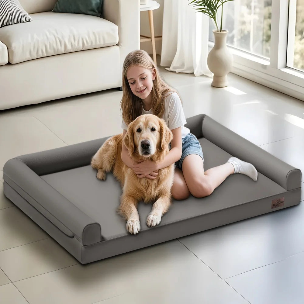 BORWARTCN Orthopedic Bolster PU Leather Dog Bed With Removable Cover