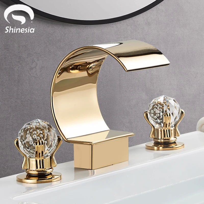 Shinesia Luxury Golden Vessel Sink Faucet With Dual Cristal Handles