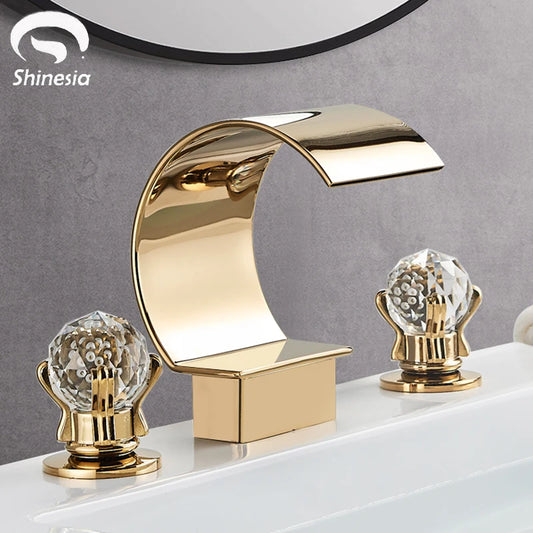 Shinesia Luxury Golden Vessel Sink Faucet With Dual Cristal Handles