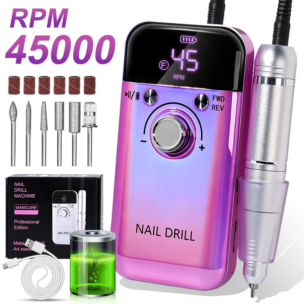 Nail Drill 45000 RPM Rechargeable Electric File For Acrylic Gel