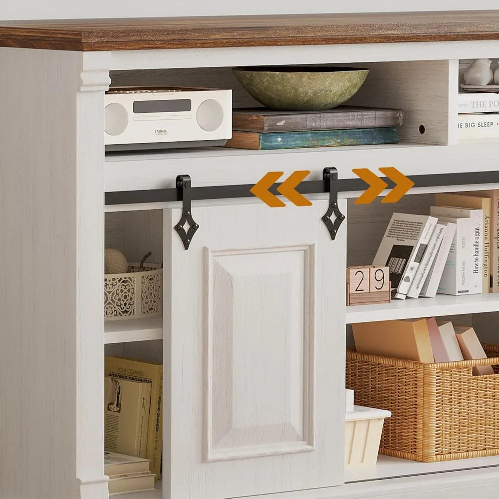 Farmhouse TV Stand With Sliding Barn Door And Storage Cabinets