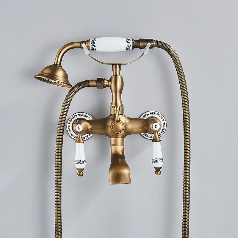 Rozin Antique Brass Bathtub Shower Faucet Set With Dual Handshower