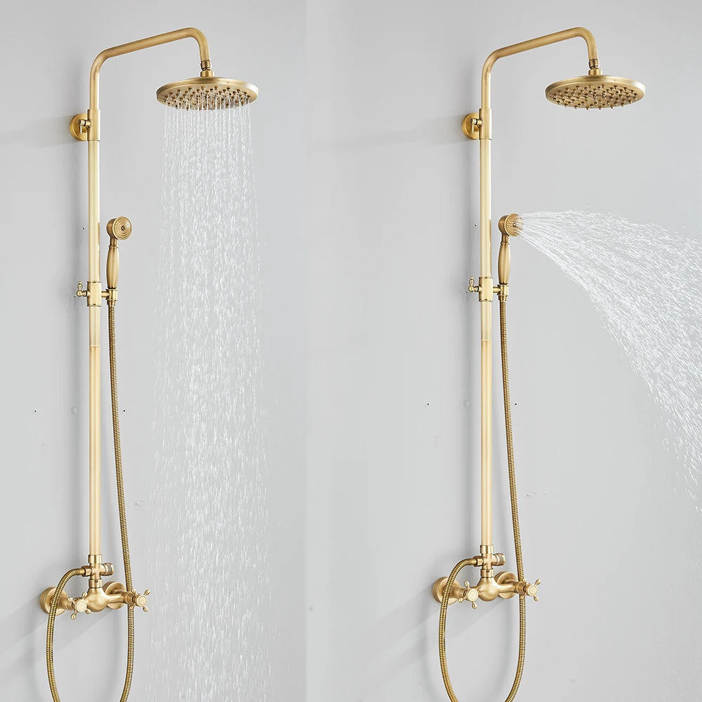 Antique Brass Shower Faucets Set Wall Mount Retro Shower Kit Dual Knobs Mixer Tap Handheld Spray Bathtub Kit