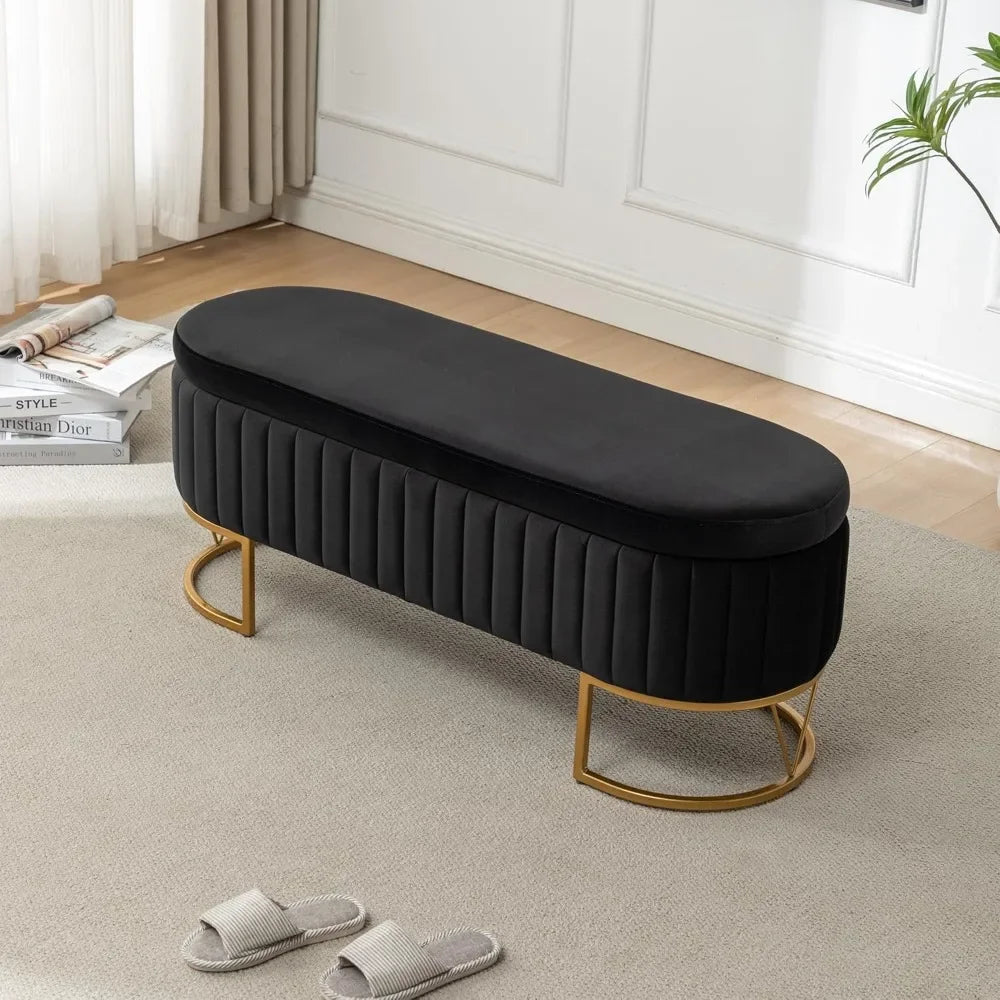 HUANZHUANG Velvet Oval Upholstered Storage Bench With Gold Legs