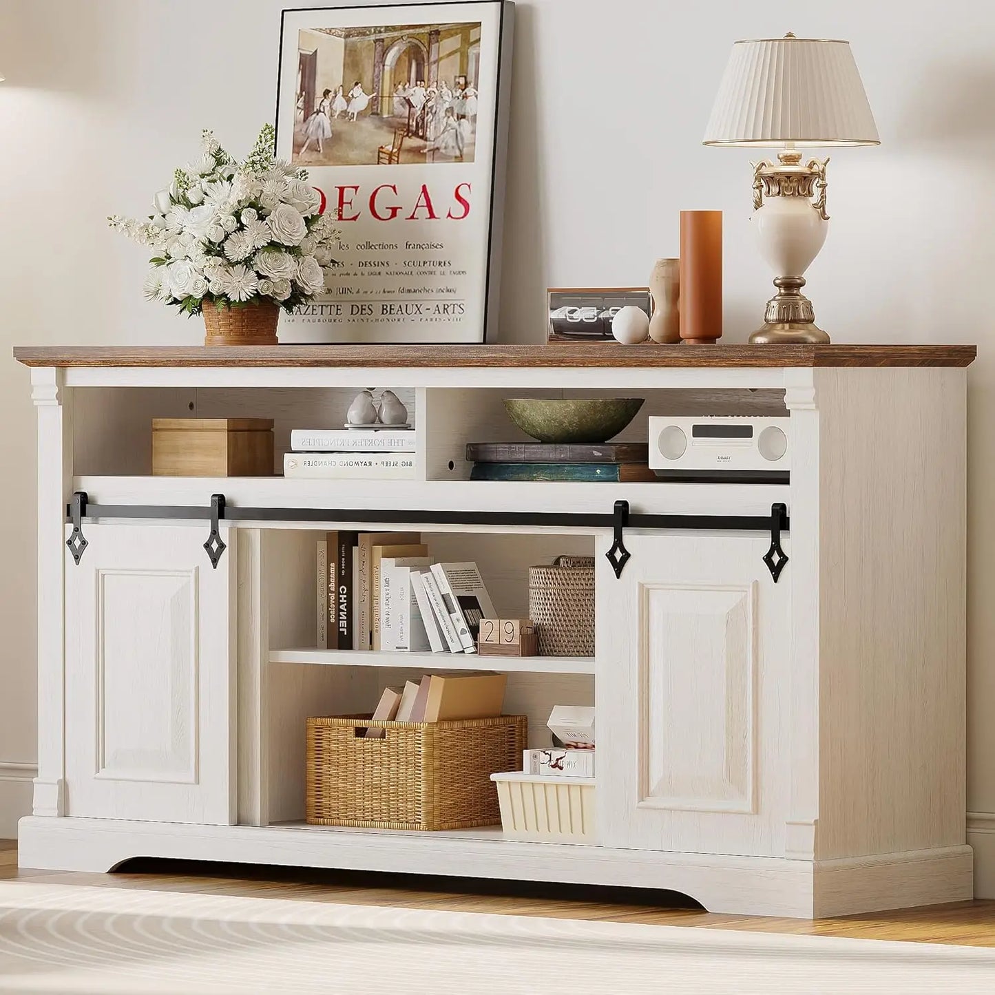 Farmhouse TV Stand With Sliding Barn Door And Storage Cabinets