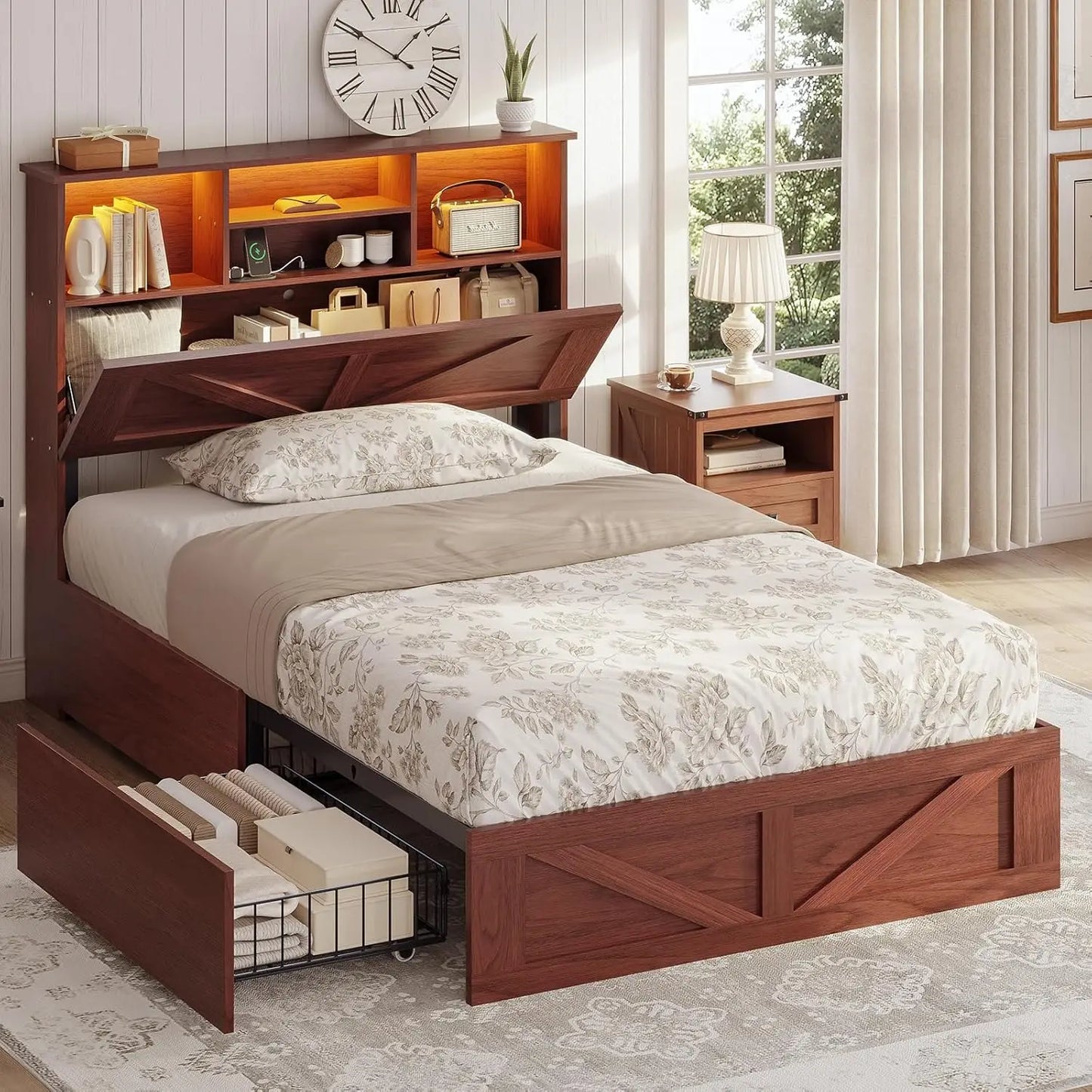 Farmhouse Style Twin Bed Frame with 4 Storage Drawers And Charging Station Wooden LED Twin Bed with Hidden Storage，Customized
