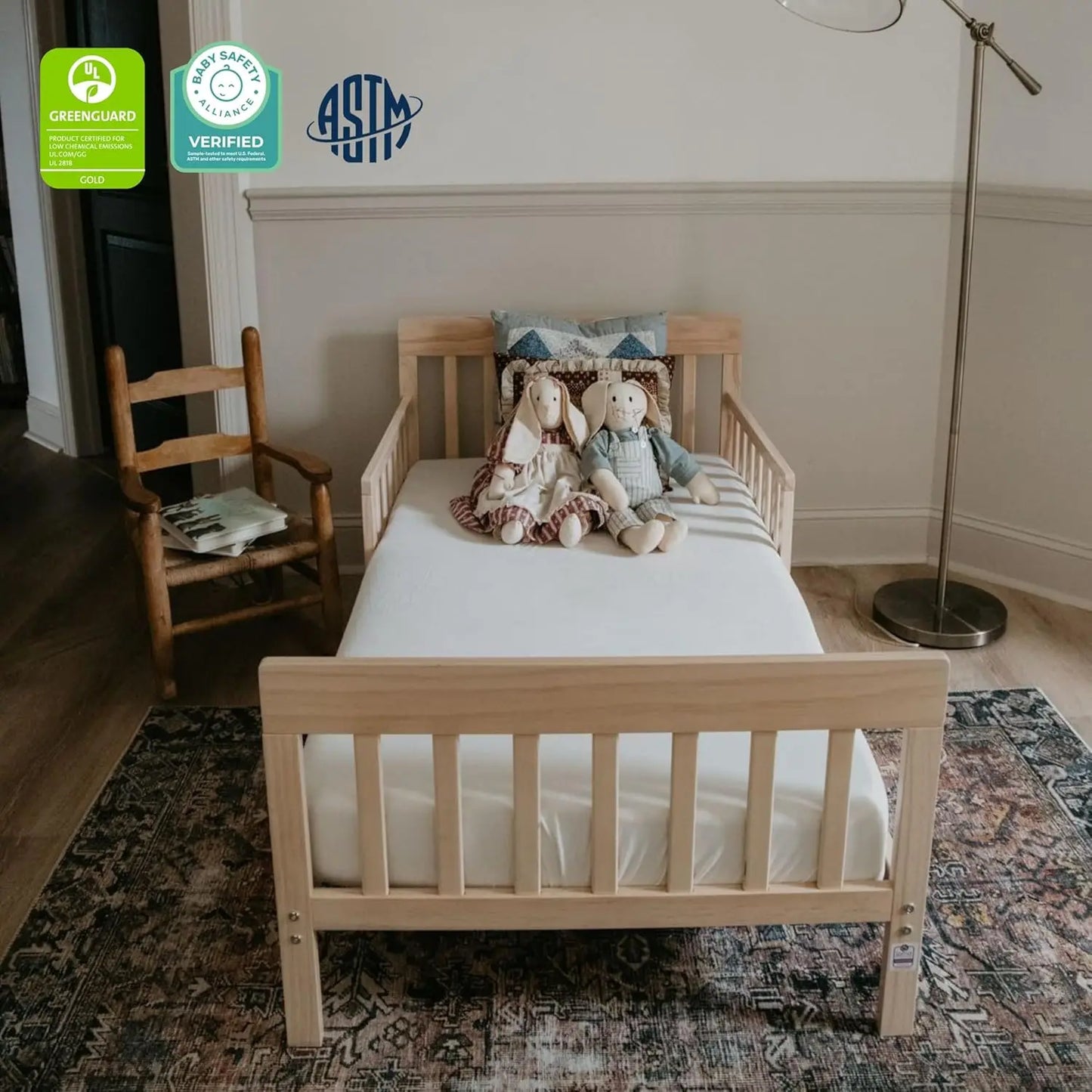 Vintage White Oak Toddler Bed with Safety Rails, Low-to-Floor Design, Greenguard Gold Certified, Non-Toxic Finish