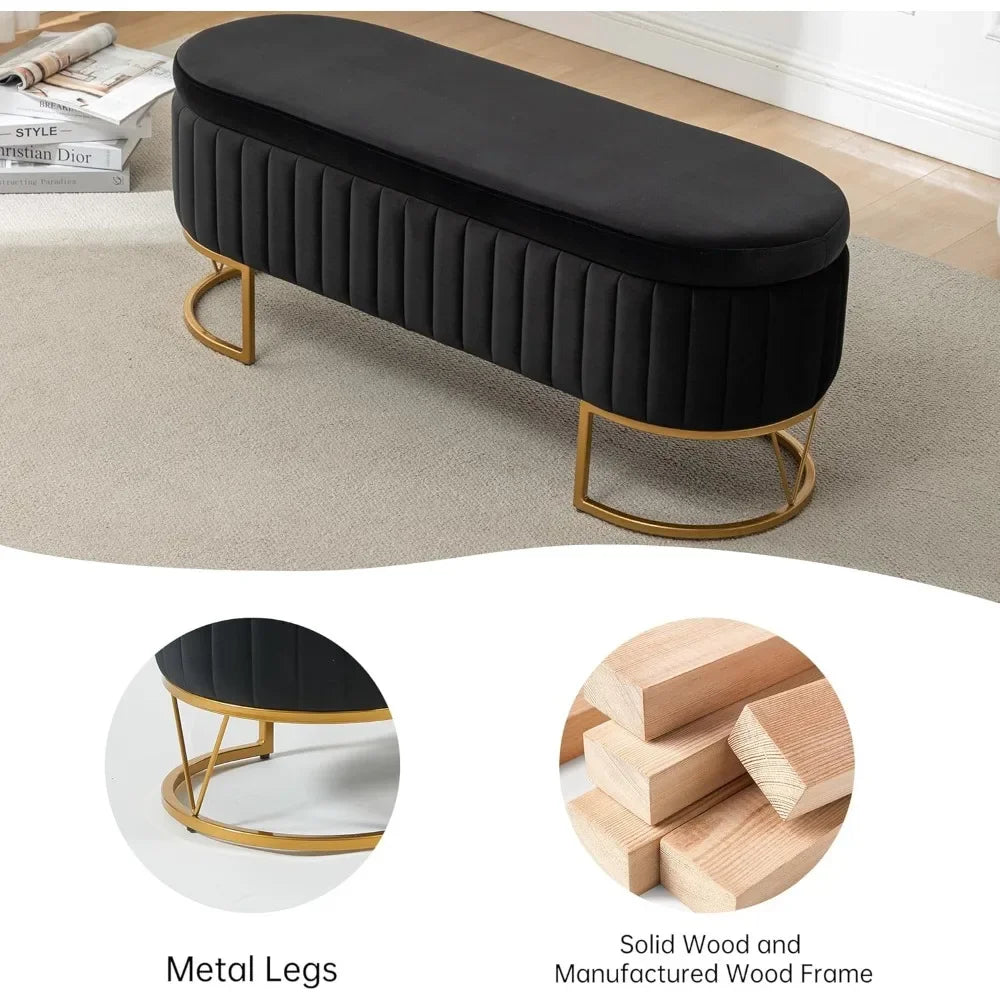 HUANZHUANG Velvet Oval Upholstered Storage Bench With Gold Legs