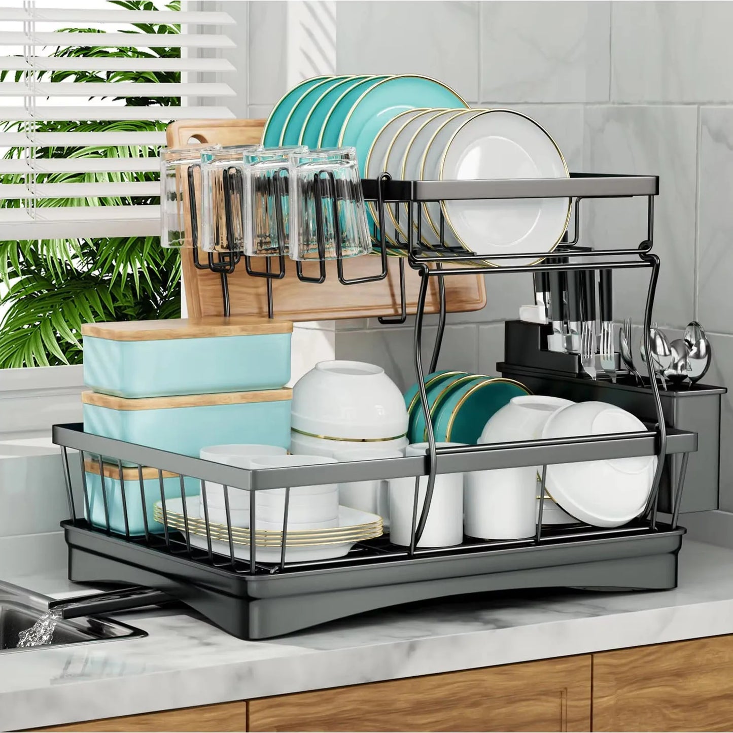 ATMDOG 2 Tier Dish Drying Rack Kitchen Countertop Space Saving Design Keeps Dishes Air Drying Efficiently