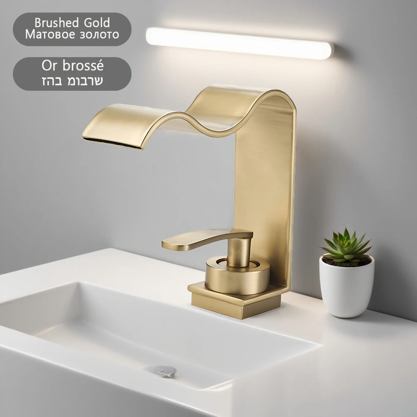WJNMONE Deck Mounted Brass Bathroom Faucet Waterfall Lavatory Tap