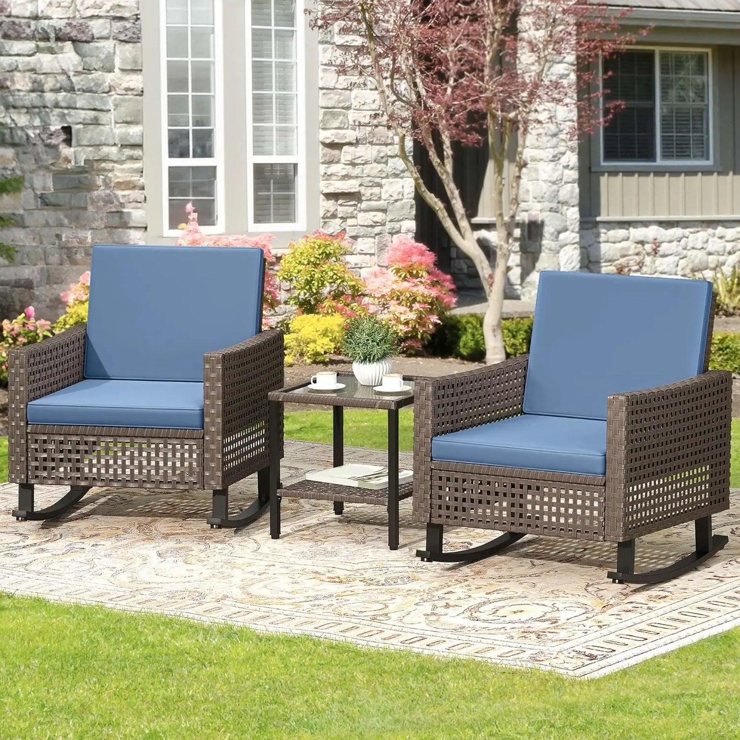 Wicker Patio Rocking Chair Set With Rattan Side Table Cushions