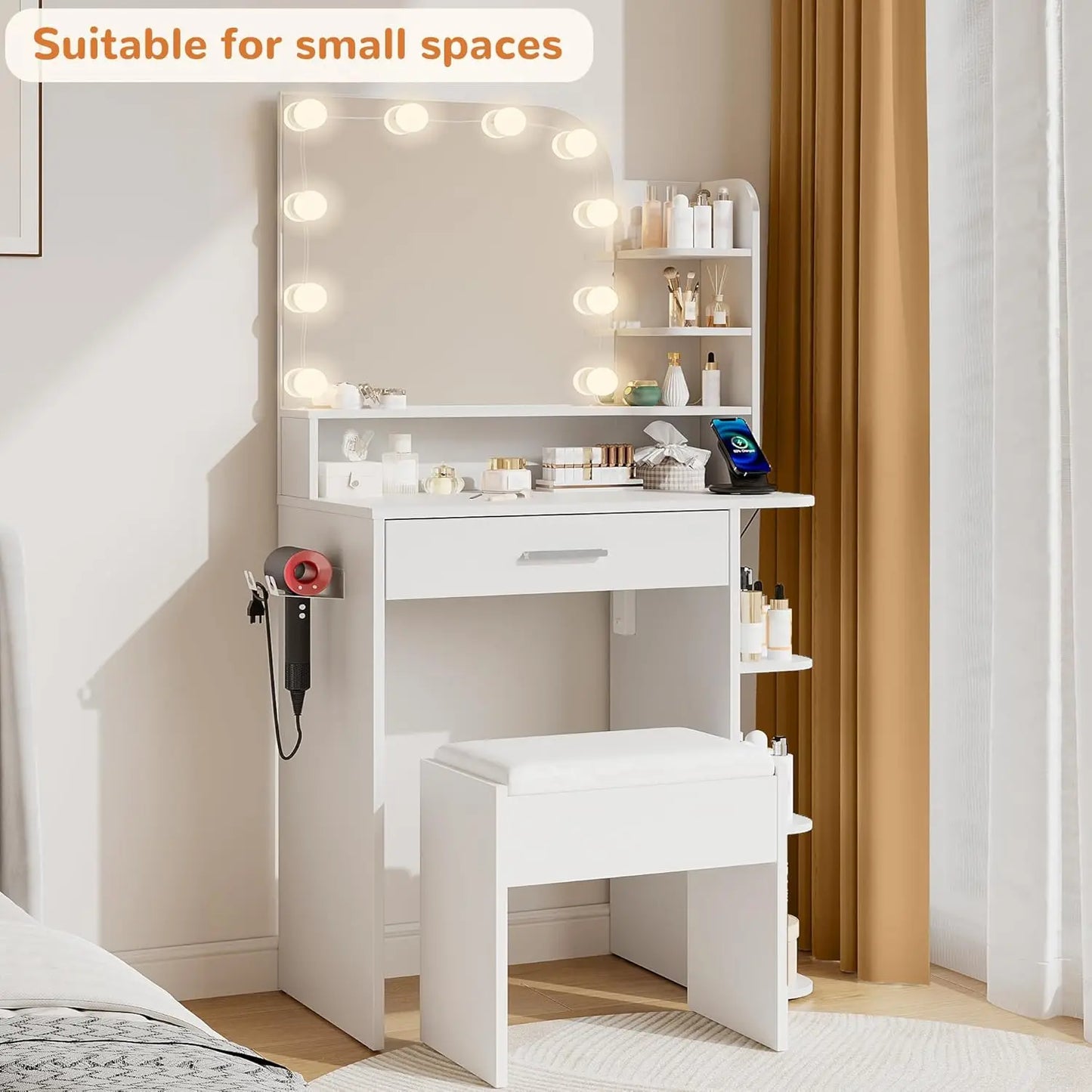 Compact Makeup Vanity Desk With Mirror Lights And Stool