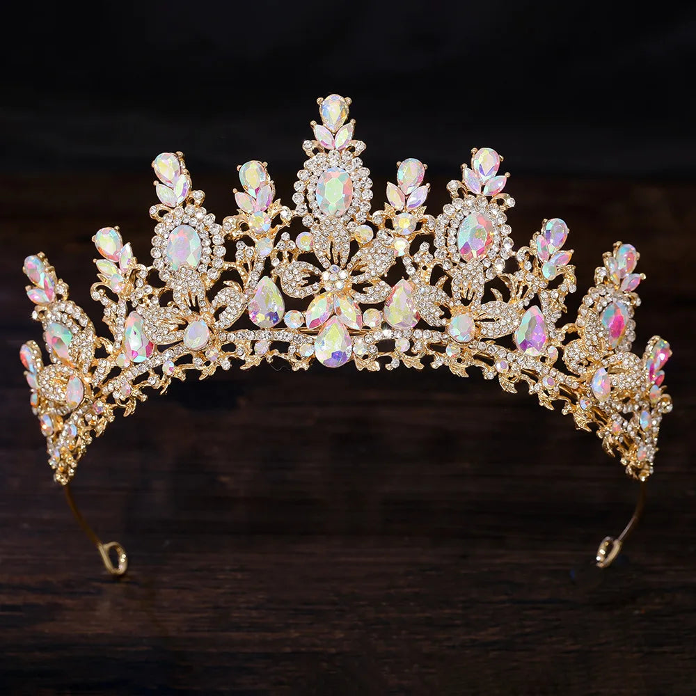 Baroque Luxury Water Drop Crystal Flower Bridal Tiaras Crown Rhinestone Pageant Diadem Bride Headpieces Wedding Hair Accessories