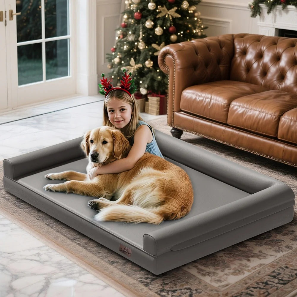 BORWARTCN Orthopedic Bolster PU Leather Dog Bed With Removable Cover